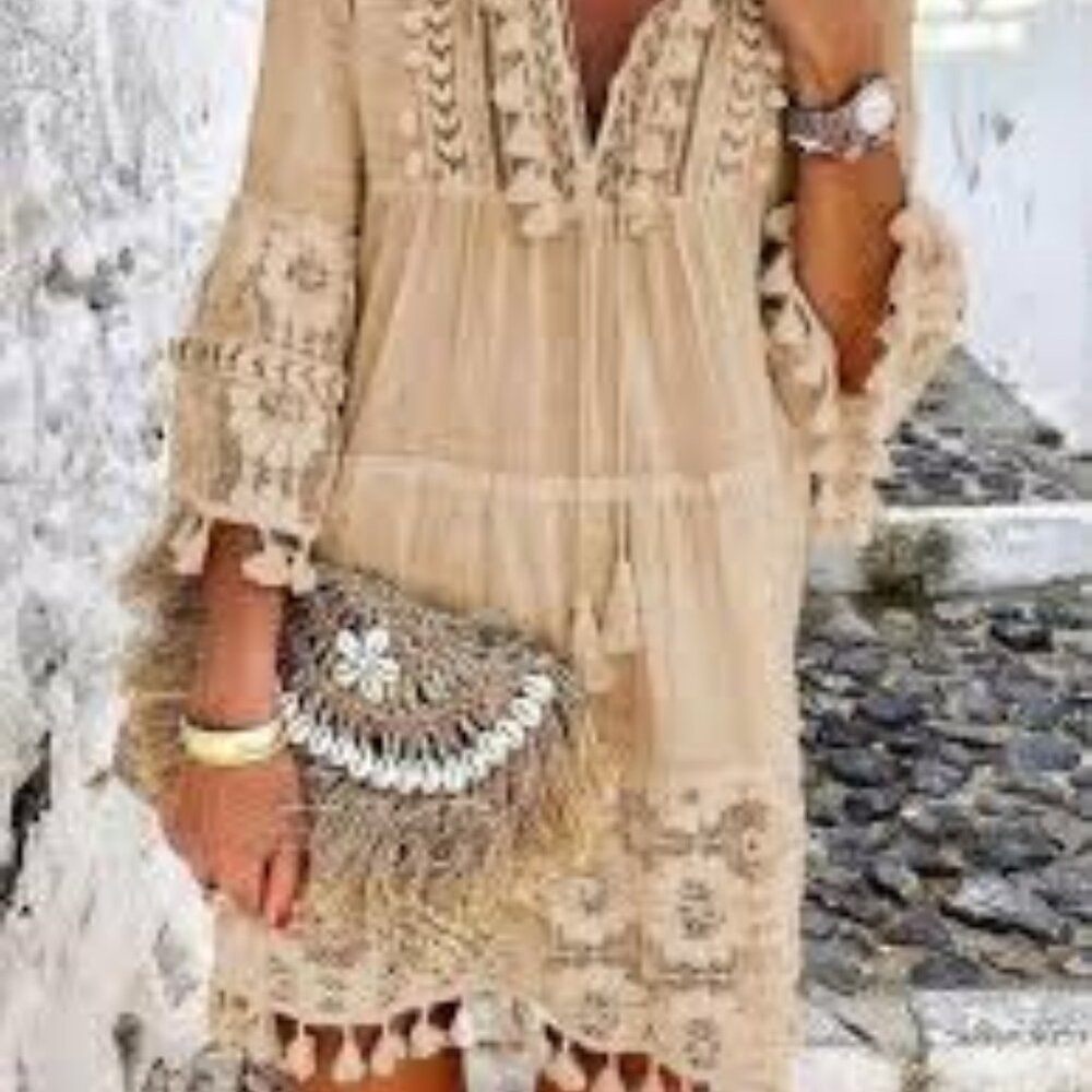 ELFINDEA khaki boho mini dress lace trim, tassels, cold shoulder Large - Picture 2 of 10